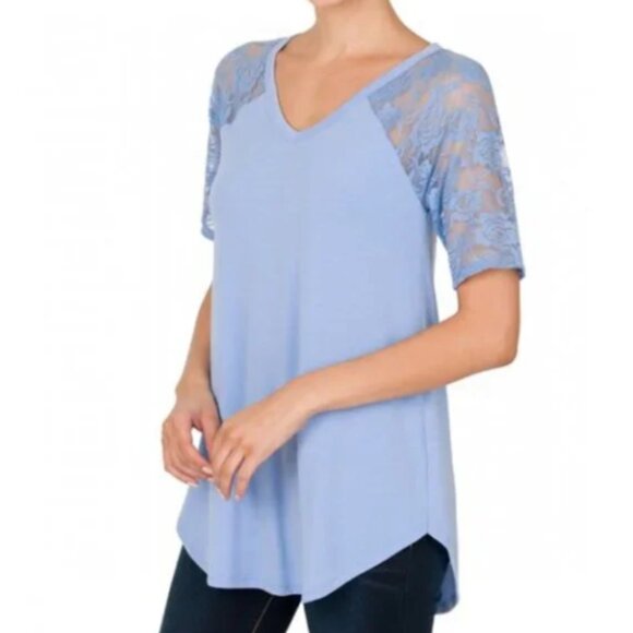 Zenana Premium Soft Plus Short Sleeve V-Neck Top Relaxed Fit Sky Lace Blue SZ 3X - Picture 1 of 5